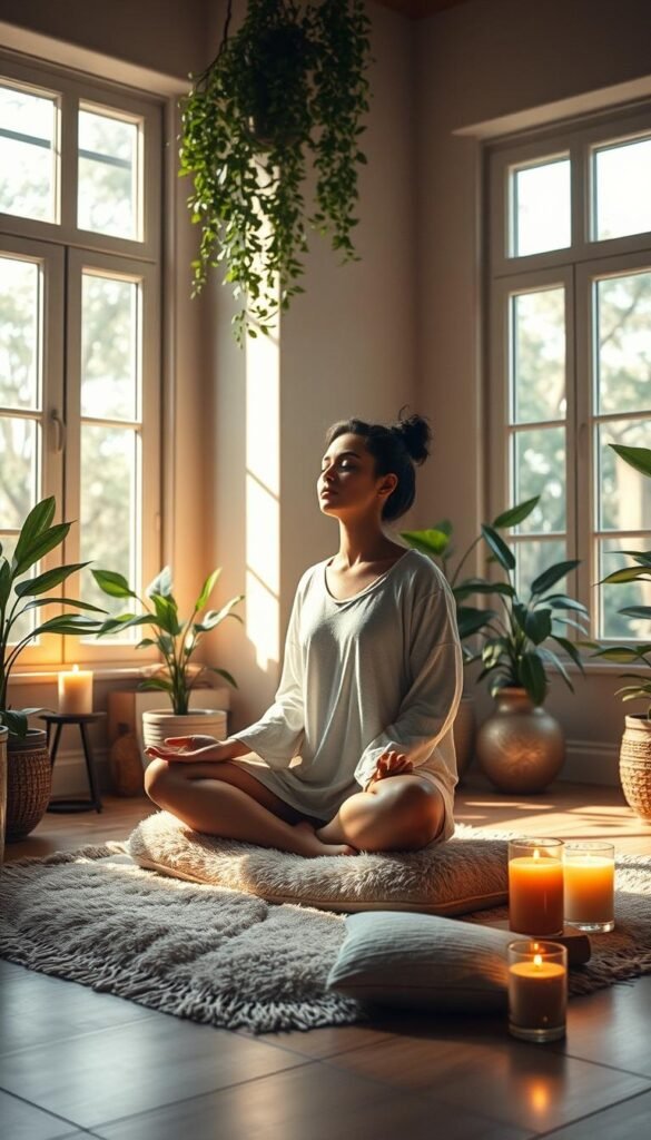 A serene, softly-lit home interior with a cozy meditation nook. A person sits cross-legged on a plush cushion, eyes closed in deep concentration, surrounded by the gentle glow of candlelight and the peaceful presence of houseplants. Sunlight filters in through large windows, casting a warm, diffused light that fills the space. The atmosphere is one of tranquility and focused intention, reflecting the consistent daily spiritual practice of the individual. Detailed textures, muted colors, and a sense of minimalist elegance evoke a meditative, introspective mood. A serene, softly-lit home interior with a cozy meditation nook. A person sits cross-legged on a plush cushion, eyes closed in deep concentration, surrounded by the gentle glow of candlelight and the peaceful presence of houseplants. Sunlight filters in through large windows, casting a warm, diffused light that fills the space. The atmosphere is one of tranquility and focused intention, reflecting the consistent daily spiritual practice of the individual. Detailed textures, muted colors, and a sense of minimalist elegance evoke a meditative, introspective mood.