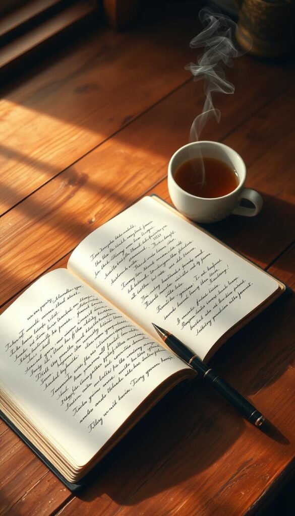 A serene, softly-lit scene of a wooden desk with an open journal, a calligraphic pen, and a cup of herbal tea. The journal's pages are filled with mindful, flowing script, capturing inner reflections. Warm, muted tones create a calming, meditative atmosphere. The composition draws the viewer's gaze inward, inviting contemplation. Wisps of steam rise from the tea, symbolizing the present-moment awareness at the heart of mindfulness journaling. Subtle, textured brushstrokes and a hint of natural light add depth and a spiritual, artistic quality to the image. A serene, softly-lit scene of a wooden desk with an open journal, a calligraphic pen, and a cup of herbal tea. The journal's pages are filled with mindful, flowing script, capturing inner reflections. Warm, muted tones create a calming, meditative atmosphere. The composition draws the viewer's gaze inward, inviting contemplation. Wisps of steam rise from the tea, symbolizing the present-moment awareness at the heart of mindfulness journaling. Subtle, textured brushstrokes and a hint of natural light add depth and a spiritual, artistic quality to the image.
