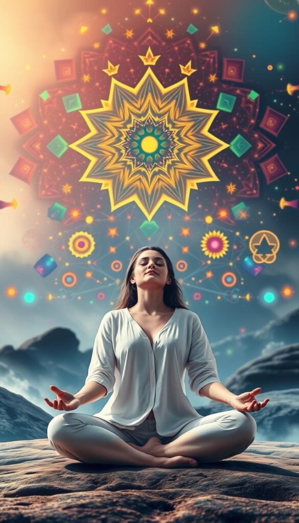A serene, spiritual landscape showcasing the power of visualization. In the foreground, a person sits in a lotus position, eyes closed, their face radiating a peaceful expression. Behind them, a vibrant array of colorful geometric shapes and patterns float and dance, symbolic of the energetic flow of visualization techniques. The background depicts a dreamlike, ethereal environment with soft, diffused lighting, hinting at the transformative potential of the mind's eye. The scene evokes a sense of balance, harmony, and the deep connection between the physical and the metaphysical. Shot with a wide-angle lens to capture the expansive, immersive quality of the visualization experience. A serene, spiritual landscape showcasing the power of visualization. In the foreground, a person sits in a lotus position, eyes closed, their face radiating a peaceful expression. Behind them, a vibrant array of colorful geometric shapes and patterns float and dance, symbolic of the energetic flow of visualization techniques. The background depicts a dreamlike, ethereal environment with soft, diffused lighting, hinting at the transformative potential of the mind's eye. The scene evokes a sense of balance, harmony, and the deep connection between the physical and the metaphysical. Shot with a wide-angle lens to capture the expansive, immersive quality of the visualization experience.