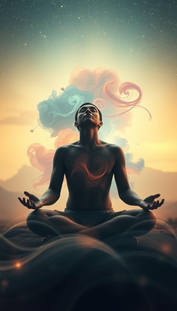 A serene, spiritual scene depicting a person meditating and interpreting their own dreams. The foreground shows a person sitting cross-legged, eyes closed in deep contemplation, surrounded by soft, glowing energy waves. The middle ground features abstract, colorful shapes and swirling patterns, representing the subconscious and the fluid, interconnected nature of dreams. The background is a hazy, ethereal landscape with a starry night sky, conveying a sense of the vast, mysterious realm of the unconscious. Warm, diffused lighting creates a tranquil, introspective atmosphere. Cinematic camera angle and composition draw the viewer into the meditative experience. A serene, spiritual scene depicting a person meditating and interpreting their own dreams. The foreground shows a person sitting cross-legged, eyes closed in deep contemplation, surrounded by soft, glowing energy waves. The middle ground features abstract, colorful shapes and swirling patterns, representing the subconscious and the fluid, interconnected nature of dreams. The background is a hazy, ethereal landscape with a starry night sky, conveying a sense of the vast, mysterious realm of the unconscious. Warm, diffused lighting creates a tranquil, introspective atmosphere. Cinematic camera angle and composition draw the viewer into the meditative experience.