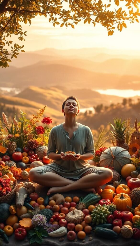 A serene, spiritual tableau depicting the core principles of mindful eating. In the foreground, a person seated in a meditative pose, eyes closed, hands cupped as if holding a simple meal. Surrounding them, vibrant botanicals and natural elements - a bountiful harvest of seasonal fruits and vegetables, arranged artfully. In the middle ground, a tranquil landscape with rolling hills and a calming body of water, bathed in warm, golden natural light. The atmosphere is one of deep contemplation, gratitude, and a profound connection to the nourishing abundance of the earth. The overall composition conveys a sense of balance, wholeness, and a reverence for the sacredness of food and the act of mindful consumption. A serene, spiritual tableau depicting the core principles of mindful eating. In the foreground, a person seated in a meditative pose, eyes closed, hands cupped as if holding a simple meal. Surrounding them, vibrant botanicals and natural elements - a bountiful harvest of seasonal fruits and vegetables, arranged artfully. In the middle ground, a tranquil landscape with rolling hills and a calming body of water, bathed in warm, golden natural light. The atmosphere is one of deep contemplation, gratitude, and a profound connection to the nourishing abundance of the earth. The overall composition conveys a sense of balance, wholeness, and a reverence for the sacredness of food and the act of mindful consumption.