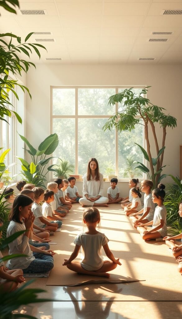 A serene, sun-dappled classroom filled with peaceful, cross-legged students of diverse ages meditating. Soft, natural lighting streams through large windows, casting a warm glow. Lush, verdant plants and a tranquil water feature accentuate the calming atmosphere. A wise, compassionate teacher guides the students, their expression radiating kindness. The scene exudes a sense of mindful focus, inner stillness, and holistic well-being, embodying the harmonious integration of mindfulness practices within the educational environment. A serene, sun-dappled classroom filled with peaceful, cross-legged students of diverse ages meditating. Soft, natural lighting streams through large windows, casting a warm glow. Lush, verdant plants and a tranquil water feature accentuate the calming atmosphere. A wise, compassionate teacher guides the students, their expression radiating kindness. The scene exudes a sense of mindful focus, inner stillness, and holistic well-being, embodying the harmonious integration of mindfulness practices within the educational environment.