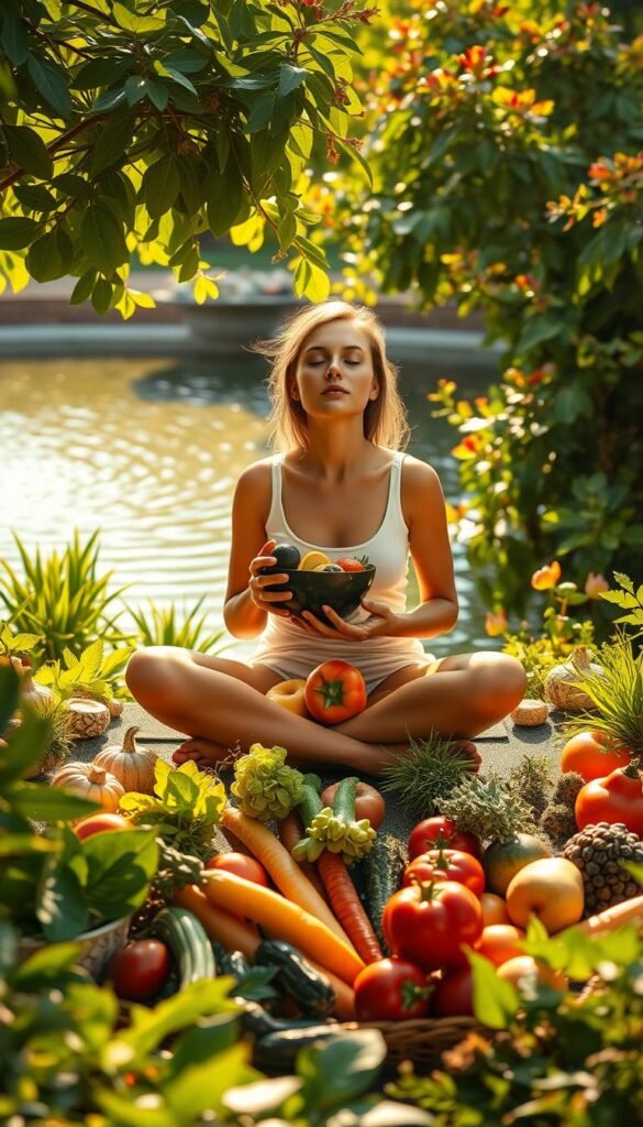 A serene, sun-dappled garden setting with lush, vibrant foliage. In the foreground, a person sits cross-legged, eyes closed, deeply immersed in a mindful eating experience. They hold a bowl of fresh, colorful produce, savoring each bite with heightened awareness. In the middle ground, various whole foods are arranged artfully - ripe fruits, crisp vegetables, aromatic herbs. The background features a tranquil pond with gently rippling waters, symbolizing the calming, reflective nature of mindful eating. Warm, golden lighting casts a soft, spiritual glow over the entire scene, evoking a sense of inner peace and nourishment. Vibrant, serene, spiritual style. A serene, sun-dappled garden setting with lush, vibrant foliage. In the foreground, a person sits cross-legged, eyes closed, deeply immersed in a mindful eating experience. They hold a bowl of fresh, colorful produce, savoring each bite with heightened awareness. In the middle ground, various whole foods are arranged artfully - ripe fruits, crisp vegetables, aromatic herbs. The background features a tranquil pond with gently rippling waters, symbolizing the calming, reflective nature of mindful eating. Warm, golden lighting casts a soft, spiritual glow over the entire scene, evoking a sense of inner peace and nourishment. Vibrant, serene, spiritual style.