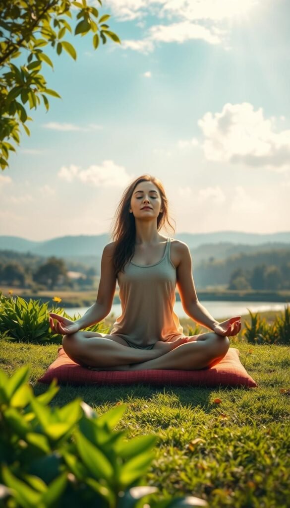 A serene, sun-dappled garden with a woman sitting cross-legged on a meditation cushion, eyes closed, palms upturned. Lush, vibrant greenery in the foreground, a tranquil pond reflecting the sky in the middle ground, and distant rolling hills in soft, impressionistic hues. Gentle, warm lighting filters through wispy clouds, casting a peaceful, contemplative atmosphere. The woman's expression is one of deep focus and inner calm, embodying the essence of mindfulness within the rhythm of everyday life. A serene, sun-dappled garden with a woman sitting cross-legged on a meditation cushion, eyes closed, palms upturned. Lush, vibrant greenery in the foreground, a tranquil pond reflecting the sky in the middle ground, and distant rolling hills in soft, impressionistic hues. Gentle, warm lighting filters through wispy clouds, casting a peaceful, contemplative atmosphere. The woman's expression is one of deep focus and inner calm, embodying the essence of mindfulness within the rhythm of everyday life.