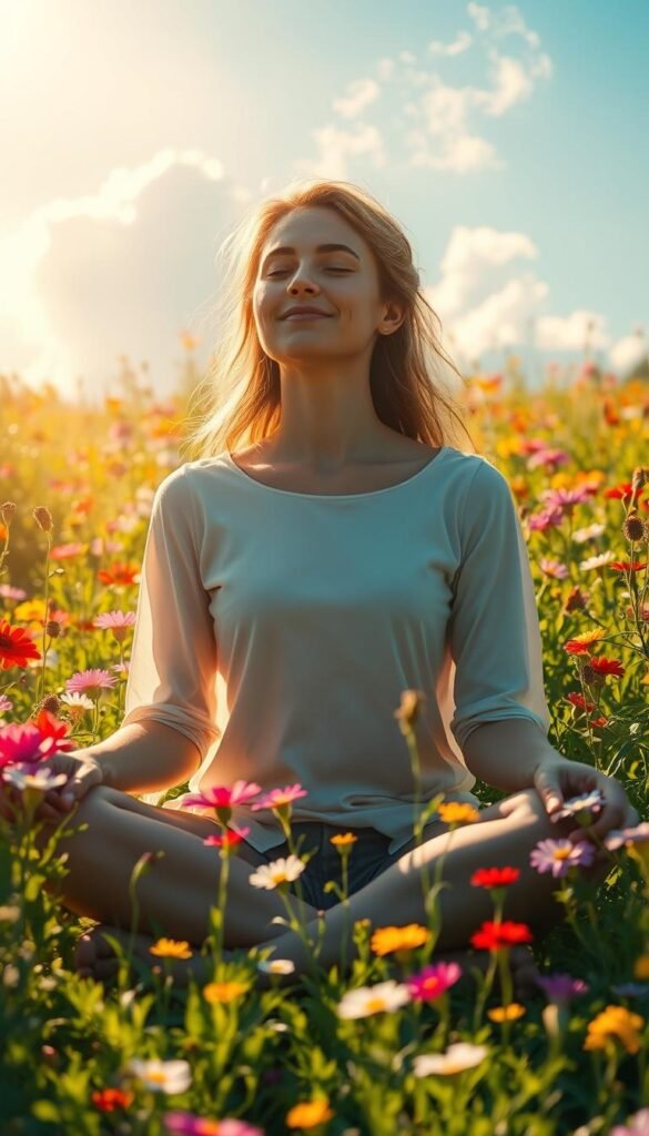 A serene, sun-dappled meadow, filled with vibrant wildflowers in a spectrum of hues. In the foreground, a person sits cross-legged, eyes closed, a gentle smile upon their face, embodying a sense of tranquility and inner peace. Soft, warm light filters through the lush, verdant foliage, casting a golden glow that envelops the scene, imbuing it with a sense of spiritual transcendence. Ethereal, wispy clouds drift across an azure sky, further enhancing the calming, meditative atmosphere. The overall impression is one of harmony, positivity, and the transformative power of mindful, uplifting thoughts. A serene, sun-dappled meadow, filled with vibrant wildflowers in a spectrum of hues. In the foreground, a person sits cross-legged, eyes closed, a gentle smile upon their face, embodying a sense of tranquility and inner peace. Soft, warm light filters through the lush, verdant foliage, casting a golden glow that envelops the scene, imbuing it with a sense of spiritual transcendence. Ethereal, wispy clouds drift across an azure sky, further enhancing the calming, meditative atmosphere. The overall impression is one of harmony, positivity, and the transformative power of mindful, uplifting thoughts.