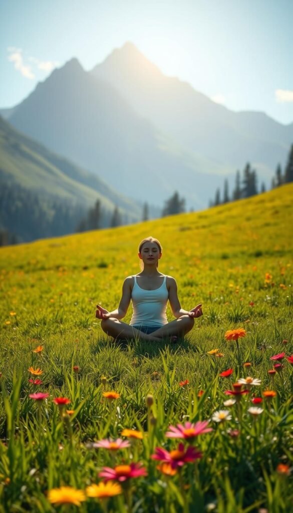 A serene, sun-dappled meadow with lush, verdant grass and vibrant wildflowers in the foreground. In the middle ground, a figure sits in a lotus position, their eyes closed and hands resting on their lap, exuding a sense of inner peace and calm. Behind them, a majestic mountain range rises, its peaks bathed in a warm, golden light, symbolizing the transformation and growth that can come from a shift in mindset. The scene is imbued with a soft, ethereal glow, creating an atmosphere of tranquility and introspection. A serene, sun-dappled meadow with lush, verdant grass and vibrant wildflowers in the foreground. In the middle ground, a figure sits in a lotus position, their eyes closed and hands resting on their lap, exuding a sense of inner peace and calm. Behind them, a majestic mountain range rises, its peaks bathed in a warm, golden light, symbolizing the transformation and growth that can come from a shift in mindset. The scene is imbued with a soft, ethereal glow, creating an atmosphere of tranquility and introspection.
