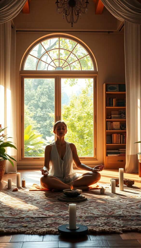 A serene, sun-dappled room filled with warm, natural light. In the foreground, a person sits cross-legged on a plush rug, eyes closed in deep meditation, hands in a mudra position. Surrounding them, an altar adorned with crystals, candles, and a small bowl of fragrant incense. In the middle ground, a large window overlooking a lush, verdant garden, with a gentle breeze rustling the leaves. In the background, shelves holding spiritual texts, oracle cards, and other mystical artifacts. The overall mood is one of tranquility, focus, and connection with the divine. A serene, sun-dappled room filled with warm, natural light. In the foreground, a person sits cross-legged on a plush rug, eyes closed in deep meditation, hands in a mudra position. Surrounding them, an altar adorned with crystals, candles, and a small bowl of fragrant incense. In the middle ground, a large window overlooking a lush, verdant garden, with a gentle breeze rustling the leaves. In the background, shelves holding spiritual texts, oracle cards, and other mystical artifacts. The overall mood is one of tranquility, focus, and connection with the divine.