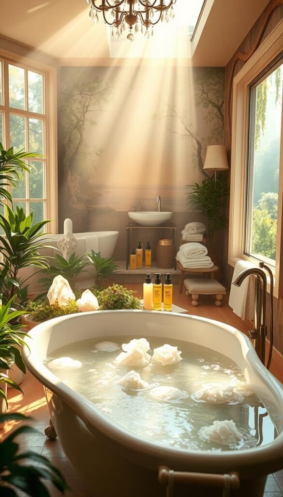 A serene, sun-drenched bathroom scene showcases the benefits of detox bath therapies. In the foreground, a deep, claw-foot tub filled with fragrant, mineral-rich waters invites relaxation. Surrounding the tub, lush greenery and crystals radiate a restorative, ethereal glow, while soft natural light streams in through large windows. The middle ground features an array of bath accessories, including aromatic salts, soothing oils, and plush towels, hinting at the luxurious self-care experience. In the background, a tranquil, nature-inspired mural creates a soothing, spiritual ambiance, complementing the detoxifying and renewing properties of the bath. Warm, jewel-toned hues and a sense of weightlessness evoke a feeling of deep relaxation and renewal. A serene, sun-drenched bathroom scene showcases the benefits of detox bath therapies. In the foreground, a deep, claw-foot tub filled with fragrant, mineral-rich waters invites relaxation. Surrounding the tub, lush greenery and crystals radiate a restorative, ethereal glow, while soft natural light streams in through large windows. The middle ground features an array of bath accessories, including aromatic salts, soothing oils, and plush towels, hinting at the luxurious self-care experience. In the background, a tranquil, nature-inspired mural creates a soothing, spiritual ambiance, complementing the detoxifying and renewing properties of the bath. Warm, jewel-toned hues and a sense of weightlessness evoke a feeling of deep relaxation and renewal.