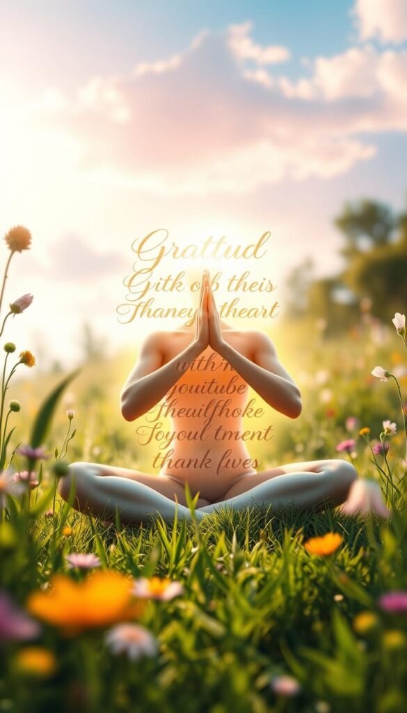 A serene, sunlit meadow with swaying wildflowers and lush greenery. In the foreground, a graceful human figure sits in a meditative pose, hands clasped in a gesture of gratitude. The figure's aura glows with an ethereal, spiritual energy, infusing the scene with a sense of transcendent connection. In the middle ground, intricate, luminous script unfurls, capturing the manifestation of intentions through the power of gratitude. The background features a vibrant, shifting sky, hinting at the infinite possibilities that arise from a thankful heart. Soft, diffused lighting and a shallow depth of field create an atmospheric, dreamlike quality, inviting the viewer to feel the depth of this spiritual experience. A serene, sunlit meadow with swaying wildflowers and lush greenery. In the foreground, a graceful human figure sits in a meditative pose, hands clasped in a gesture of gratitude. The figure's aura glows with an ethereal, spiritual energy, infusing the scene with a sense of transcendent connection. In the middle ground, intricate, luminous script unfurls, capturing the manifestation of intentions through the power of gratitude. The background features a vibrant, shifting sky, hinting at the infinite possibilities that arise from a thankful heart. Soft, diffused lighting and a shallow depth of field create an atmospheric, dreamlike quality, inviting the viewer to feel the depth of this spiritual experience.