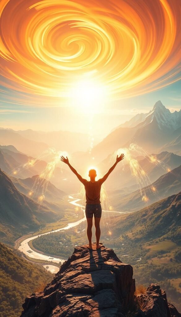 A serene, transcendent landscape flooded with warm, ethereal light. In the foreground, a person stands on a cliff, arms outstretched in a gesture of triumph, silhouetted against a vibrant, swirling sky. Cascading energy fields emanate from their body, manifesting as glowing wisps and bursts of light. The middle ground features a lush, verdant valley below, dotted with shimmering lakes and winding rivers. In the distance, majestic, snow-capped mountains rise up, their peaks piercing the heavens. An atmosphere of profound fulfillment, inner peace, and a sense of having achieved a long-sought goal permeates the scene. A serene, transcendent landscape flooded with warm, ethereal light. In the foreground, a person stands on a cliff, arms outstretched in a gesture of triumph, silhouetted against a vibrant, swirling sky. Cascading energy fields emanate from their body, manifesting as glowing wisps and bursts of light. The middle ground features a lush, verdant valley below, dotted with shimmering lakes and winding rivers. In the distance, majestic, snow-capped mountains rise up, their peaks piercing the heavens. An atmosphere of profound fulfillment, inner peace, and a sense of having achieved a long-sought goal permeates the scene.