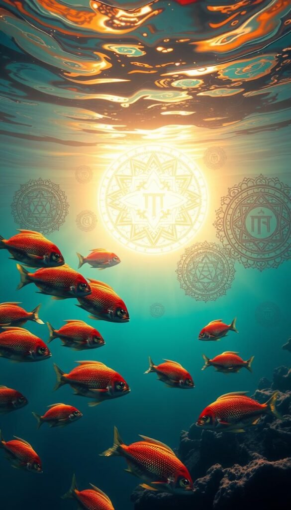 A serene underwater scene, illuminated by a warm, diffused light. In the foreground, a school of vibrant fish gracefully swim, their scales shimmering with iridescent hues. Surrounding them, intricate religious symbols float in the water, their geometric patterns and symbolic designs creating a mesmerizing visual tapestry. In the background, a circular portal of light appears, casting a soft, ethereal glow, evoking a sense of transcendence and spiritual connection. The composition is balanced, the colors rich and harmonious, drawing the viewer into a realm of sacred symbolism and aquatic tranquility. A serene underwater scene, illuminated by a warm, diffused light. In the foreground, a school of vibrant fish gracefully swim, their scales shimmering with iridescent hues. Surrounding them, intricate religious symbols float in the water, their geometric patterns and symbolic designs creating a mesmerizing visual tapestry. In the background, a circular portal of light appears, casting a soft, ethereal glow, evoking a sense of transcendence and spiritual connection. The composition is balanced, the colors rich and harmonious, drawing the viewer into a realm of sacred symbolism and aquatic tranquility.