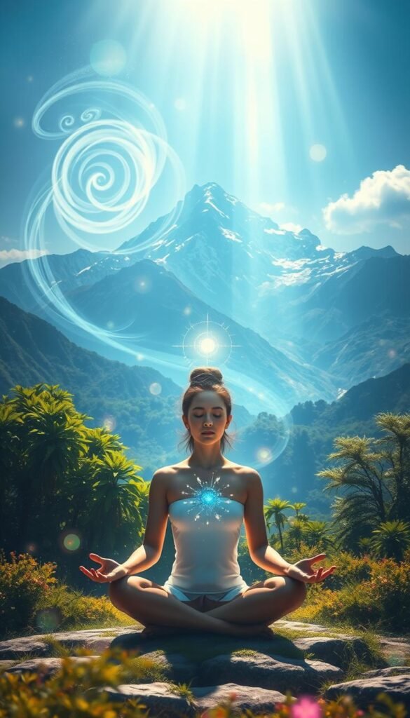 A serene, vibrant landscape bathes in ethereal light. In the foreground, a person sits in a meditative pose, their face reflecting a tranquil, introspective expression. Swirling energy fields and luminous orbs surround them, symbolizing the transformative power of mindfulness and spiritual practice. The mid-ground features lush, verdant foliage, hinting at the growth and renewal inherent in this journey. In the distance, a majestic mountain range stands tall, its peaks capped with glistening snow, conveying a sense of scale and the vastness of the inner landscape. The overall mood is one of peace, enlightenment, and a deep connection to the divine. A serene, vibrant landscape bathes in ethereal light. In the foreground, a person sits in a meditative pose, their face reflecting a tranquil, introspective expression. Swirling energy fields and luminous orbs surround them, symbolizing the transformative power of mindfulness and spiritual practice. The mid-ground features lush, verdant foliage, hinting at the growth and renewal inherent in this journey. In the distance, a majestic mountain range stands tall, its peaks capped with glistening snow, conveying a sense of scale and the vastness of the inner landscape. The overall mood is one of peace, enlightenment, and a deep connection to the divine.
