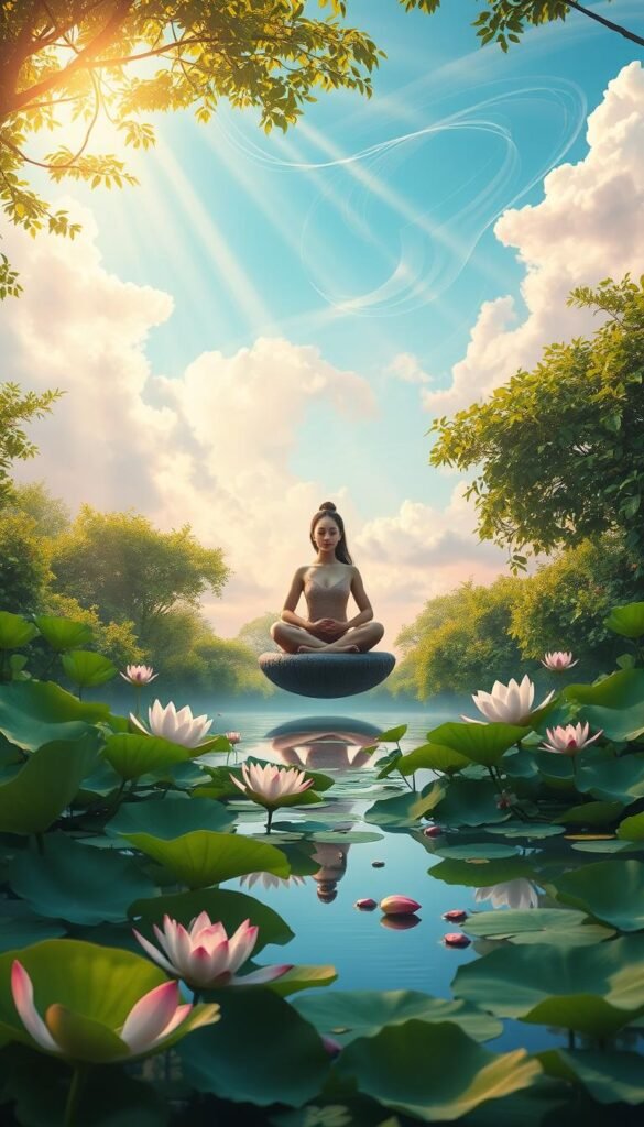 A serene, vibrant landscape depicting the harmony between mindfulness and emotional intelligence. In the foreground, a tranquil lotus pond reflects the sky, surrounded by lush, verdant foliage. Floating above the water, a female figure sits in a meditative pose, her expression calm and centered. Rays of warm, golden light filter through the canopy, casting a gentle glow over the scene. In the middle ground, colorful, abstract shapes and patterns swirl, symbolizing the interconnectedness of the mind, body, and emotions. The background features a mystical, dreamlike sky, with soft, pastel hues and wispy clouds that evoke a sense of inner peace and spiritual enlightenment. A serene, vibrant landscape depicting the harmony between mindfulness and emotional intelligence. In the foreground, a tranquil lotus pond reflects the sky, surrounded by lush, verdant foliage. Floating above the water, a female figure sits in a meditative pose, her expression calm and centered. Rays of warm, golden light filter through the canopy, casting a gentle glow over the scene. In the middle ground, colorful, abstract shapes and patterns swirl, symbolizing the interconnectedness of the mind, body, and emotions. The background features a mystical, dreamlike sky, with soft, pastel hues and wispy clouds that evoke a sense of inner peace and spiritual enlightenment.