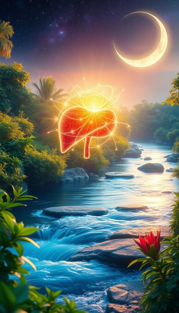 A serene, vibrant landscape showcasing the process of herbal liver detoxification. In the foreground, a tranquil river flows, its waters infused with the healing essence of medicinal plants. Lush, verdant foliage surrounds the scene, casting a warm, ethereal glow through the soft, diffused lighting. In the middle ground, a vibrant, glowing orb represents the liver, its detoxification process depicted through a swirling array of celestial energies and organic, spiraling patterns. The background features a mystical, spiritual atmosphere, with a starry night sky and a crescent moon casting a gentle, ethereal light over the entire composition. The overall mood is one of harmony, balance, and the revitalizing power of nature's restorative properties. A serene, vibrant landscape showcasing the process of herbal liver detoxification. In the foreground, a tranquil river flows, its waters infused with the healing essence of medicinal plants. Lush, verdant foliage surrounds the scene, casting a warm, ethereal glow through the soft, diffused lighting. In the middle ground, a vibrant, glowing orb represents the liver, its detoxification process depicted through a swirling array of celestial energies and organic, spiraling patterns. The background features a mystical, spiritual atmosphere, with a starry night sky and a crescent moon casting a gentle, ethereal light over the entire composition. The overall mood is one of harmony, balance, and the revitalizing power of nature's restorative properties.