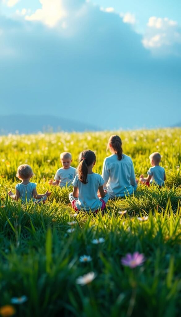 A serene, vibrant meadow with lush, verdant grasses and a calming blue sky overhead. In the foreground, a group of children sit cross-legged, their eyes closed in peaceful meditation, guided by a warm, nurturing adult figure. Soft, diffused lighting casts a gentle glow, creating an atmosphere of tranquility and focus. Delicate wildflowers dot the scene, adding pops of color and a sense of natural beauty. The overall tone is one of mindfulness, calm, and the simple joy of being present in the moment. A serene, vibrant meadow with lush, verdant grasses and a calming blue sky overhead. In the foreground, a group of children sit cross-legged, their eyes closed in peaceful meditation, guided by a warm, nurturing adult figure. Soft, diffused lighting casts a gentle glow, creating an atmosphere of tranquility and focus. Delicate wildflowers dot the scene, adding pops of color and a sense of natural beauty. The overall tone is one of mindfulness, calm, and the simple joy of being present in the moment.
