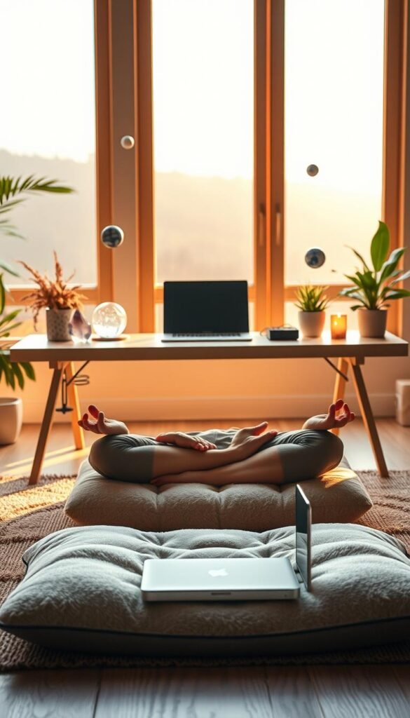 A serene workspace, bathed in warm natural light from large windows. In the foreground, a person sits cross-legged on a plush meditation cushion, eyes closed, palms resting gently on their lap. Surrounding them, floating crystals, plants, and glowing orbs create a sense of mindfulness and spiritual connection. In the middle ground, a sleek, minimalist desk with a laptop and wireless charging pad, symbolic of technology integration. The background features a softly blurred landscape, hinting at a connection to the natural world. Overall, the scene conveys a harmonious balance between technology and contemplative practice. A serene workspace, bathed in warm natural light from large windows. In the foreground, a person sits cross-legged on a plush meditation cushion, eyes closed, palms resting gently on their lap. Surrounding them, floating crystals, plants, and glowing orbs create a sense of mindfulness and spiritual connection. In the middle ground, a sleek, minimalist desk with a laptop and wireless charging pad, symbolic of technology integration. The background features a softly blurred landscape, hinting at a connection to the natural world. Overall, the scene conveys a harmonious balance between technology and contemplative practice.