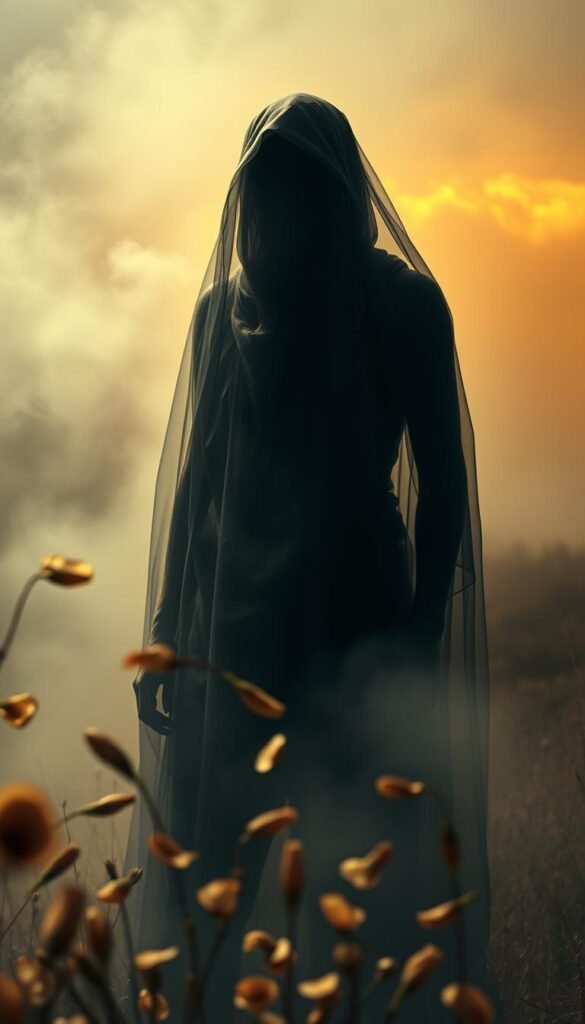 A somber figure shrouded in a hazy, ethereal mist, their face obscured, yet their posture conveying a profound sense of melancholy. In the foreground, delicate flower petals drift, symbolizing the ephemeral nature of life. The background is a dreamlike landscape, bathed in a warm, golden light, suggesting a spiritual realm. Dramatic chiaroscuro lighting casts deep shadows, heightening the emotional intensity. Soft, diffused focus creates a sense of introspection and contemplation, inviting the viewer to explore the emotional impact of death dreams. A somber figure shrouded in a hazy, ethereal mist, their face obscured, yet their posture conveying a profound sense of melancholy. In the foreground, delicate flower petals drift, symbolizing the ephemeral nature of life. The background is a dreamlike landscape, bathed in a warm, golden light, suggesting a spiritual realm. Dramatic chiaroscuro lighting casts deep shadows, heightening the emotional intensity. Soft, diffused focus creates a sense of introspection and contemplation, inviting the viewer to explore the emotional impact of death dreams.