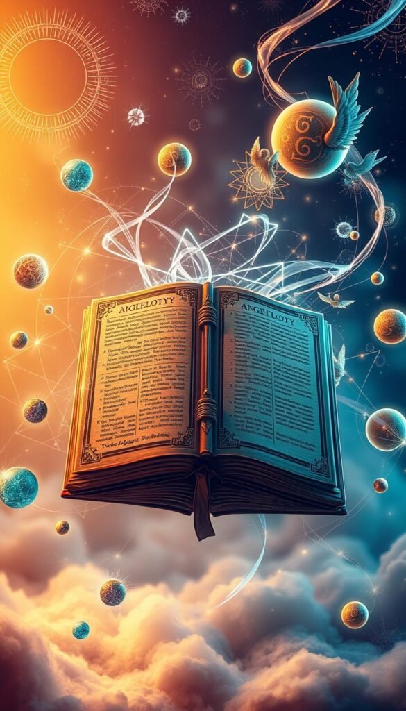 A stately tome floats in the center, its pages adorned with intricate numerological symbols and angelic motifs, emanating a timeless, mystical aura. Surrounding it, celestial orbs and geometric patterns in shimmering hues of gold, turquoise, and amethyst weave an enchanting tapestry, hinting at the ancient wisdom contained within. Warm, diffused lighting casts a contemplative glow, while wispy tendrils of energy surge through the composition, connecting the ethereal elements. This visually captivating scene evokes the profound history and metaphysical significance of numerology and angel numbers, inviting the viewer to delve into their transformative insights. A stately tome floats in the center, its pages adorned with intricate numerological symbols and angelic motifs, emanating a timeless, mystical aura. Surrounding it, celestial orbs and geometric patterns in shimmering hues of gold, turquoise, and amethyst weave an enchanting tapestry, hinting at the ancient wisdom contained within. Warm, diffused lighting casts a contemplative glow, while wispy tendrils of energy surge through the composition, connecting the ethereal elements. This visually captivating scene evokes the profound history and metaphysical significance of numerology and angel numbers, inviting the viewer to delve into their transformative insights.