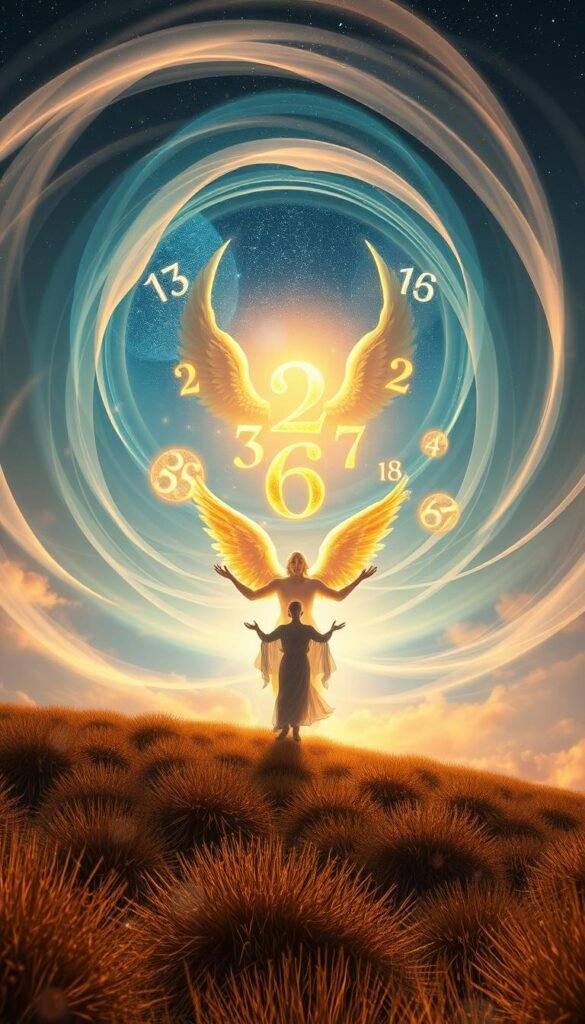 A stunning, ethereal landscape depicting the deeper meanings of angel numbers. In the foreground, a serene, angelic figure emerges from a swirling vortex of soft, glowing light, their outstretched hands radiating a sense of divine guidance. In the middle ground, a series of shimmering, numerical symbols float and interact, each one imbued with a unique spiritual significance. In the background, a vast, starry sky stretches out, hinting at the cosmic interconnectedness of these celestial signs. The entire scene is bathed in a warm, otherworldly glow, creating an atmosphere of profound spiritual contemplation. Detailed, high-resolution, cinematic lighting, Unreal Engine.