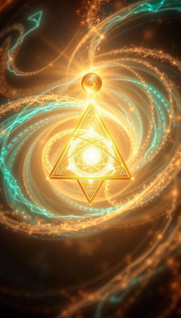 A stunning merkaba tetrahedron rotating in a ethereal, otherworldly realm. Its luminous golden form spirals with mesmerizing energy, surrounded by swirling cosmic mists and pulsating bands of turquoise and indigo light. Intricate geometric patterns shimmer across its surface, reflecting the sacred geometry of the divine. The scene is bathed in a warm, mystical glow, evoking a sense of profound spiritual awakening. Dramatic camera angle captures the merkaba's powerful, transcendent presence, inviting the viewer to meditate on the light-spirit-body connection. Masterful use of photorealistic and stylized elements creates an image of great beauty and symbolic resonance. A stunning merkaba tetrahedron rotating in a ethereal, otherworldly realm. Its luminous golden form spirals with mesmerizing energy, surrounded by swirling cosmic mists and pulsating bands of turquoise and indigo light. Intricate geometric patterns shimmer across its surface, reflecting the sacred geometry of the divine. The scene is bathed in a warm, mystical glow, evoking a sense of profound spiritual awakening. Dramatic camera angle captures the merkaba's powerful, transcendent presence, inviting the viewer to meditate on the light-spirit-body connection. Masterful use of photorealistic and stylized elements creates an image of great beauty and symbolic resonance.