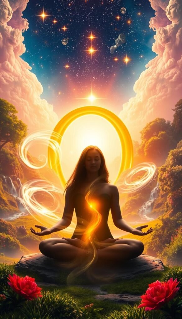 A stunning spiritual landscape, bathed in warm, vibrant hues. In the foreground, a serene figure meditates, their hands gentle and open, symbolizing the power of the law of attraction to manifest abundance. Swirling energy flows around them, representing the cosmic forces at play. In the middle ground, a radiant, golden archway stands, inviting the viewer to step through and embrace their financial freedom. The background is a dreamlike realm, with glimmering stars, flowing streams, and lush, verdant foliage, all infused with a sense of boundless potential. Soft, diffused lighting casts a magical glow, creating an atmosphere of tranquility and limitless possibility. A stunning spiritual landscape, bathed in warm, vibrant hues. In the foreground, a serene figure meditates, their hands gentle and open, symbolizing the power of the law of attraction to manifest abundance. Swirling energy flows around them, representing the cosmic forces at play. In the middle ground, a radiant, golden archway stands, inviting the viewer to step through and embrace their financial freedom. The background is a dreamlike realm, with glimmering stars, flowing streams, and lush, verdant foliage, all infused with a sense of boundless potential. Soft, diffused lighting casts a magical glow, creating an atmosphere of tranquility and limitless possibility.