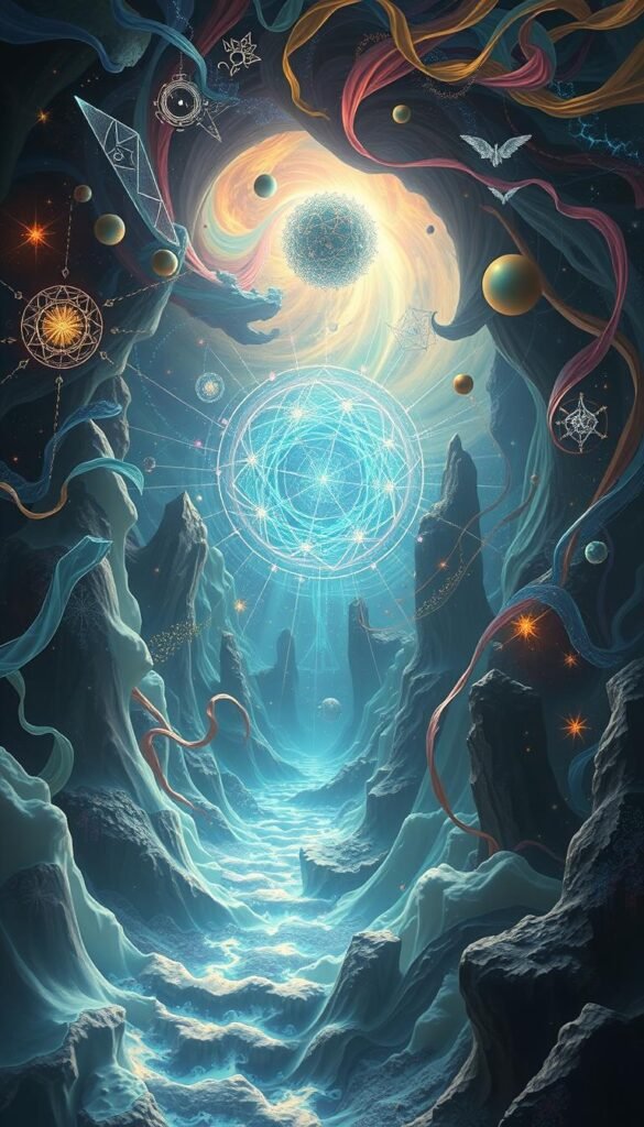 A surreal and dreamlike landscape, a mind's eye journey into the subconscious. Soft, ethereal lighting illuminates a swirling vortex of shapes and symbols, representing the intricate tapestry of the psyche. Floating geometric forms, cascading ribbons of color, and luminous wisps of energy converge, creating a visually captivating representation of the psychological process of dream analysis. The composition is balanced, drawing the viewer's gaze inward, inviting deep contemplation and self-reflection. Capturing the essence of the mind's inner workings, this image serves as a gateway to the realm of the unconscious. A surreal and dreamlike landscape, a mind's eye journey into the subconscious. Soft, ethereal lighting illuminates a swirling vortex of shapes and symbols, representing the intricate tapestry of the psyche. Floating geometric forms, cascading ribbons of color, and luminous wisps of energy converge, creating a visually captivating representation of the psychological process of dream analysis. The composition is balanced, drawing the viewer's gaze inward, inviting deep contemplation and self-reflection. Capturing the essence of the mind's inner workings, this image serves as a gateway to the realm of the unconscious.