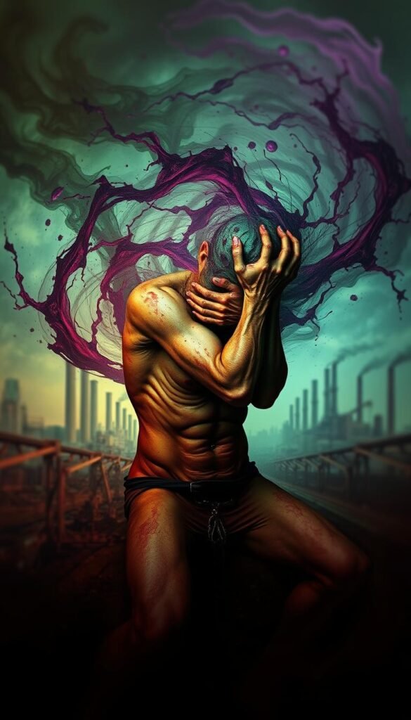 A surreal depiction of the physical and mental symptoms of heavy metal poisoning. In the foreground, a distressed human figure writhes, their body contorted and skin pockmarked with lesions. Swirling around them, a miasma of toxic hues - sickly greens, deep purples, and jagged reds - symbolizing the overwhelming effects of heavy metal contamination. In the background, a blurred industrial landscape evokes the source of this malady, with smokestacks and machinery fading into a hazy, dreamlike void. Ethereal lighting casts an otherworldly glow, heightening the sense of spiritual and physical anguish. The overall composition conveys the debilitating, all-encompassing nature of heavy metal poisoning in a visually striking, surreal manner. A surreal depiction of the physical and mental symptoms of heavy metal poisoning. In the foreground, a distressed human figure writhes, their body contorted and skin pockmarked with lesions. Swirling around them, a miasma of toxic hues - sickly greens, deep purples, and jagged reds - symbolizing the overwhelming effects of heavy metal contamination. In the background, a blurred industrial landscape evokes the source of this malady, with smokestacks and machinery fading into a hazy, dreamlike void. Ethereal lighting casts an otherworldly glow, heightening the sense of spiritual and physical anguish. The overall composition conveys the debilitating, all-encompassing nature of heavy metal poisoning in a visually striking, surreal manner.