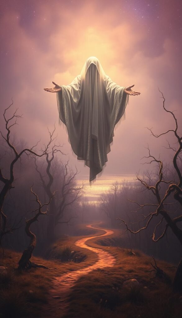 A surreal, dreamlike landscape depicts the common themes in dreams about death. In the foreground, a spectral figure cloaked in shimmering, ethereal robes hovers, its face obscured by a veil of mist. Beneath it, a path winds through a dense forest of twisted, gnarled trees, casting eerie shadows. In the middle ground, a shimmering river or pool of water reflects the night sky, dotted with stars. The background is shrouded in a hazy, atmospheric fog, creating a sense of mystery and the unknown. Warm, muted tones of purple, blue, and gold lend a serene, spiritual quality to the scene. Soft, diffused lighting casts a dreamlike glow over the entire composition, evoking the subconscious nature of dreams about death. A surreal, dreamlike landscape depicts the common themes in dreams about death. In the foreground, a spectral figure cloaked in shimmering, ethereal robes hovers, its face obscured by a veil of mist. Beneath it, a path winds through a dense forest of twisted, gnarled trees, casting eerie shadows. In the middle ground, a shimmering river or pool of water reflects the night sky, dotted with stars. The background is shrouded in a hazy, atmospheric fog, creating a sense of mystery and the unknown. Warm, muted tones of purple, blue, and gold lend a serene, spiritual quality to the scene. Soft, diffused lighting casts a dreamlike glow over the entire composition, evoking the subconscious nature of dreams about death.