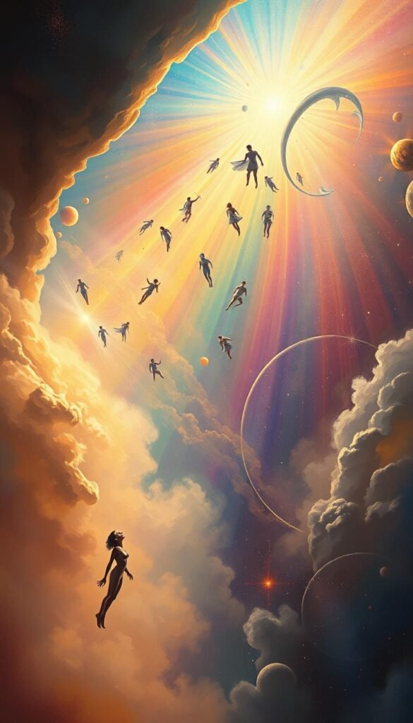 A surreal dreamscape of falling and flying figures enveloped in a vibrant, ethereal glow. In the foreground, a single human form gracefully plummets through swirling mists, their expression serene. In the middle ground, multiple levitating figures soar amidst a kaleidoscope of colored light rays, symbolizing the psychological duality of gravity-defying dreams. The background depicts a vast, nebulous void filled with celestial patterns and celestial bodies, evoking the subconscious realm of the psyche. Warm, diffused lighting casts a contemplative, spiritual atmosphere. Rendered in a vibrant, impressionistic style that blends realism with abstract elements. A surreal dreamscape of falling and flying figures enveloped in a vibrant, ethereal glow. In the foreground, a single human form gracefully plummets through swirling mists, their expression serene. In the middle ground, multiple levitating figures soar amidst a kaleidoscope of colored light rays, symbolizing the psychological duality of gravity-defying dreams. The background depicts a vast, nebulous void filled with celestial patterns and celestial bodies, evoking the subconscious realm of the psyche. Warm, diffused lighting casts a contemplative, spiritual atmosphere. Rendered in a vibrant, impressionistic style that blends realism with abstract elements.