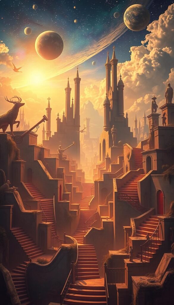 A surreal landscape of common dream motifs, bathed in a warm, ethereal glow. In the foreground, a maze of staircases and doors representing the labyrinthine nature of the subconscious. Towering, disjointed architectural elements float in the middle ground, symbolizing the fragmented logic of dreams. In the distance, a vast, starry sky with celestial bodies and wispy clouds, conveying the mystical, otherworldly quality of the dreamscape. Subtle hints of archetypical symbols such as animals, keys, and mirrors subtly woven throughout the composition, reflecting the universal themes that emerge in recurring dreams. Rendered in a vibrant, spiritual art style, evoking a sense of wonder and the hidden meanings that lie within the realm of the subconscious. A surreal landscape of common dream motifs, bathed in a warm, ethereal glow. In the foreground, a maze of staircases and doors representing the labyrinthine nature of the subconscious. Towering, disjointed architectural elements float in the middle ground, symbolizing the fragmented logic of dreams. In the distance, a vast, starry sky with celestial bodies and wispy clouds, conveying the mystical, otherworldly quality of the dreamscape. Subtle hints of archetypical symbols such as animals, keys, and mirrors subtly woven throughout the composition, reflecting the universal themes that emerge in recurring dreams. Rendered in a vibrant, spiritual art style, evoking a sense of wonder and the hidden meanings that lie within the realm of the subconscious.