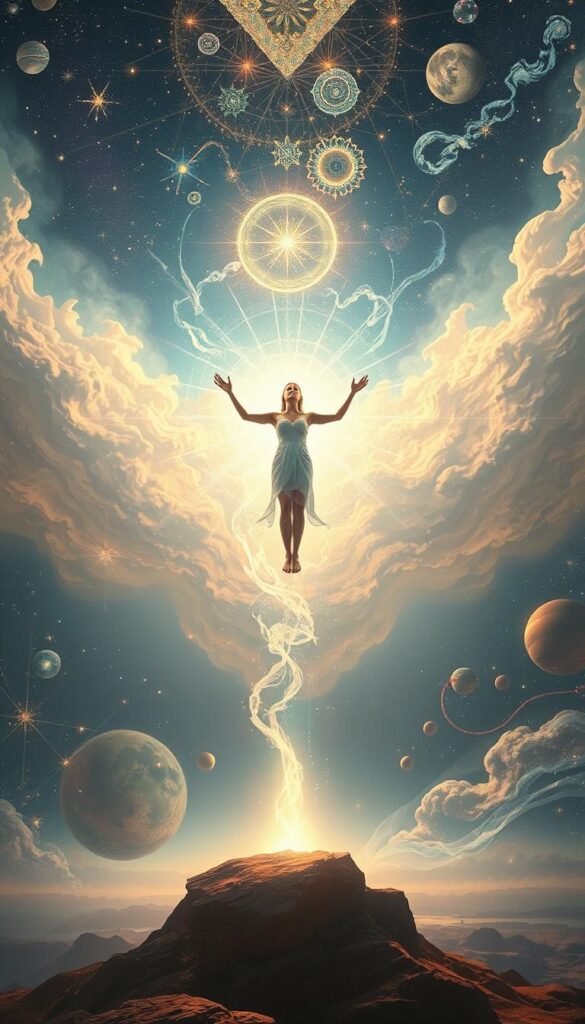 A surreal landscape of dreamscapes and ethereal visions. In the foreground, a person levitates, their body emanating a soft, luminous glow. Swirling energy fields and cascading light surround them, suggesting spiritual enlightenment. In the middle ground, abstract forms and shapes seem to drift and morph, hinting at the subconscious realms of the mind. The background is a vast, kaleidoscopic expanse, filled with shimmering celestial motifs and celestial phenomena, conveying a sense of cosmic wonder and the interconnectedness of all things. The overall atmosphere is one of tranquility, insight, and the transcendent power of the human imagination. A surreal landscape of dreamscapes and ethereal visions. In the foreground, a person levitates, their body emanating a soft, luminous glow. Swirling energy fields and cascading light surround them, suggesting spiritual enlightenment. In the middle ground, abstract forms and shapes seem to drift and morph, hinting at the subconscious realms of the mind. The background is a vast, kaleidoscopic expanse, filled with shimmering celestial motifs and celestial phenomena, conveying a sense of cosmic wonder and the interconnectedness of all things. The overall atmosphere is one of tranquility, insight, and the transcendent power of the human imagination.