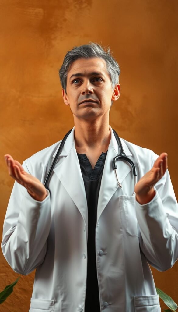 A thoughtful medical professional in a crisp white coat stands against a warm, earthy backdrop, their eyes filled with empathy and a gentle, reassuring expression. The doctor's hands are raised in a listening gesture, conveying a sense of attentive care. Soft, diffused lighting illuminates the scene, creating a calming, contemplative atmosphere. The composition is balanced, with the doctor's figure occupying the central focus, inviting the viewer to engage in a meaningful dialogue about their health concerns. Hints of natural elements, such as plants or soothing colors, subtly reference the theme of holistic wellbeing. A thoughtful medical professional in a crisp white coat stands against a warm, earthy backdrop, their eyes filled with empathy and a gentle, reassuring expression. The doctor's hands are raised in a listening gesture, conveying a sense of attentive care. Soft, diffused lighting illuminates the scene, creating a calming, contemplative atmosphere. The composition is balanced, with the doctor's figure occupying the central focus, inviting the viewer to engage in a meaningful dialogue about their health concerns. Hints of natural elements, such as plants or soothing colors, subtly reference the theme of holistic wellbeing.