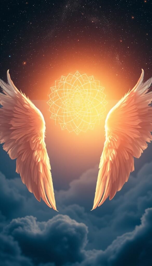 A tranquil and harmonious celestial scene, bathed in a warm, ethereal glow. In the foreground, two angel wings made of shimmering feathers spread out, symbolizing protection and divine guidance. The middle ground features a serene, floating mandala, its intricate geometric patterns pulsing with a gentle, rhythmic energy. In the background, a galaxy of stars twinkles against a deep indigo sky, hinting at the vast, interconnected nature of the universe. The composition is balanced and symmetrical, conveying a sense of profound peace and cosmic order. Soft, diffused lighting casts a soothing, mystical atmosphere over the entire scene. A tranquil and harmonious celestial scene, bathed in a warm, ethereal glow. In the foreground, two angel wings made of shimmering feathers spread out, symbolizing protection and divine guidance. The middle ground features a serene, floating mandala, its intricate geometric patterns pulsing with a gentle, rhythmic energy. In the background, a galaxy of stars twinkles against a deep indigo sky, hinting at the vast, interconnected nature of the universe. The composition is balanced and symmetrical, conveying a sense of profound peace and cosmic order. Soft, diffused lighting casts a soothing, mystical atmosphere over the entire scene.