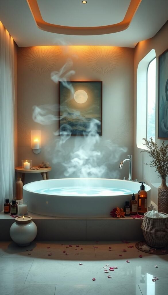 A tranquil bathroom interior, illuminated by warm, soft lighting. In the center, a deep, inviting bathtub filled with fragrant, swirling water, steam rising gently. Nearby, an assortment of natural bath products, including essential oils, salts, and flower petals, arranged with care. The walls are adorned with serene, spiritual-style artwork, creating a soothing, meditative atmosphere. The overall scene conveys a sense of relaxation, renewal, and a connection to the natural world, encouraging the viewer to indulge in a restorative detox experience. A tranquil bathroom interior, illuminated by warm, soft lighting. In the center, a deep, inviting bathtub filled with fragrant, swirling water, steam rising gently. Nearby, an assortment of natural bath products, including essential oils, salts, and flower petals, arranged with care. The walls are adorned with serene, spiritual-style artwork, creating a soothing, meditative atmosphere. The overall scene conveys a sense of relaxation, renewal, and a connection to the natural world, encouraging the viewer to indulge in a restorative detox experience.