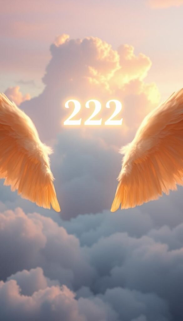 A tranquil celestial landscape, bathed in a soft, warm glow. In the foreground, a pair of angelic wings unfurls, radiating an ethereal energy. The wings are composed of delicate feathers in shades of white, gold, and iridescent hues, creating a sense of divine harmony. In the middle ground, a glowing number "222" hovers, its numerals shimmering with a mystical light, symbolizing the power of balance and divine guidance. The background features a serene, cloud-filled sky, with hues of lavender, peach, and azure blending seamlessly, evoking a sense of spiritual serenity and inner peace. The overall atmosphere is one of profound connection, inviting the viewer to meditate on the transformative potential of the angel number 222. A tranquil celestial landscape, bathed in a soft, warm glow. In the foreground, a pair of angelic wings unfurls, radiating an ethereal energy. The wings are composed of delicate feathers in shades of white, gold, and iridescent hues, creating a sense of divine harmony. In the middle ground, a glowing number "222" hovers, its numerals shimmering with a mystical light, symbolizing the power of balance and divine guidance. The background features a serene, cloud-filled sky, with hues of lavender, peach, and azure blending seamlessly, evoking a sense of spiritual serenity and inner peace. The overall atmosphere is one of profound connection, inviting the viewer to meditate on the transformative potential of the angel number 222.