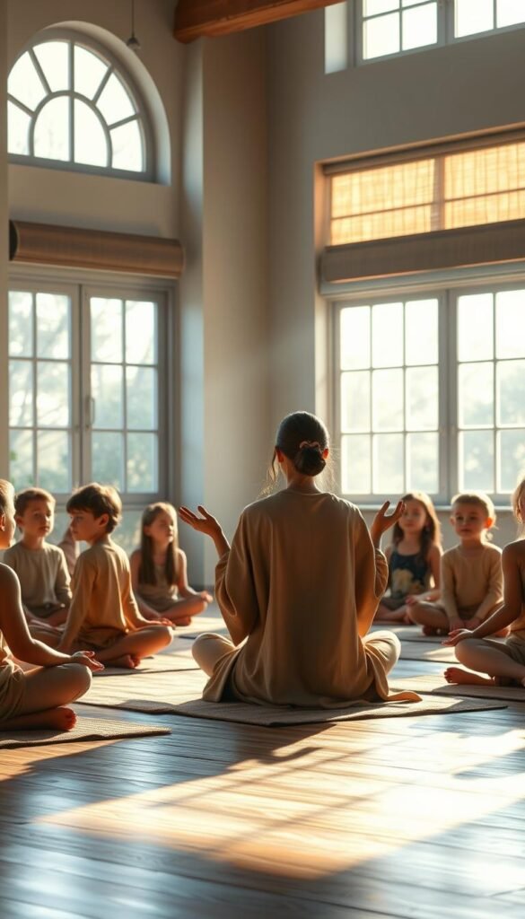 A tranquil classroom setting, sunlight streaming through large windows, illuminating a group of children sitting cross-legged on the floor, their eyes closed in meditation. A teacher, dressed in flowing, earthy robes, guides them through a mindfulness exercise, hands extended in a calming gesture. The room is filled with soft, muted tones, creating a serene and introspective atmosphere. The children's faces are serene, their expressions focused and calm. A sense of inner peace and connection pervades the scene, inviting the viewer to pause and reflect. A tranquil classroom setting, sunlight streaming through large windows, illuminating a group of children sitting cross-legged on the floor, their eyes closed in meditation. A teacher, dressed in flowing, earthy robes, guides them through a mindfulness exercise, hands extended in a calming gesture. The room is filled with soft, muted tones, creating a serene and introspective atmosphere. The children's faces are serene, their expressions focused and calm. A sense of inner peace and connection pervades the scene, inviting the viewer to pause and reflect.