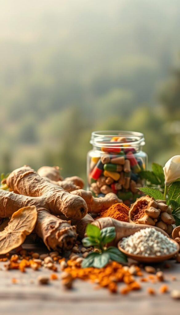 A tranquil close-up of various botanical ingredients with warm lighting, soft focus, and muted tones. In the foreground, a cluster of fresh herbs and roots such as ginger, turmeric, and ashwagandha. In the midground, a glass jar filled with colorful, powdered supplements. In the background, a serene, natural landscape with lush greenery and a calming, hazy atmosphere. The overall mood is one of contemplation and wellness, inviting the viewer to consider the potential risks and side effects of holistic detox practices with a thoughtful, balanced perspective. A tranquil close-up of various botanical ingredients with warm lighting, soft focus, and muted tones. In the foreground, a cluster of fresh herbs and roots such as ginger, turmeric, and ashwagandha. In the midground, a glass jar filled with colorful, powdered supplements. In the background, a serene, natural landscape with lush greenery and a calming, hazy atmosphere. The overall mood is one of contemplation and wellness, inviting the viewer to consider the potential risks and side effects of holistic detox practices with a thoughtful, balanced perspective.