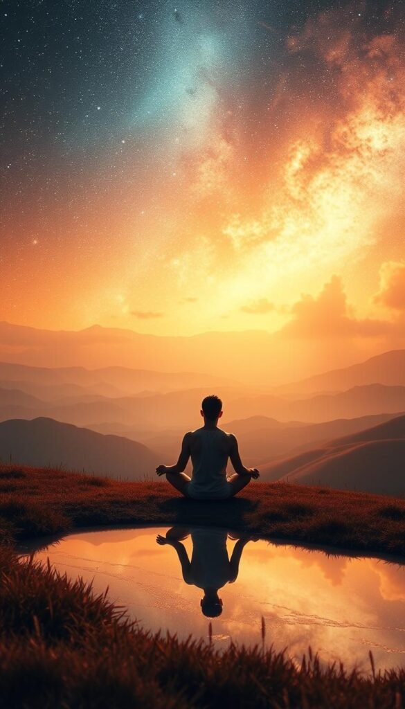 A tranquil, dreamlike landscape bathed in warm, ethereal lighting. In the foreground, a person sits cross-legged, eyes closed, immersed in deep introspection as wisps of thought and memory swirl around them. In the middle ground, a vast, starry sky unfolds, its celestial patterns and cosmic energy reflected in a serene pool of water. In the background, rolling hills and distant mountains fade into a hazy, mystical horizon, suggesting the boundless realms of the subconscious. The overall mood is one of profound stillness, contemplation, and the exploration of the inner self. A tranquil, dreamlike landscape bathed in warm, ethereal lighting. In the foreground, a person sits cross-legged, eyes closed, immersed in deep introspection as wisps of thought and memory swirl around them. In the middle ground, a vast, starry sky unfolds, its celestial patterns and cosmic energy reflected in a serene pool of water. In the background, rolling hills and distant mountains fade into a hazy, mystical horizon, suggesting the boundless realms of the subconscious. The overall mood is one of profound stillness, contemplation, and the exploration of the inner self.
