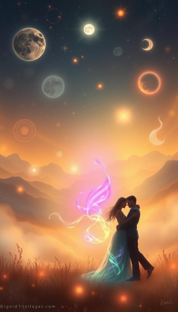 A tranquil, dreamlike landscape filled with ethereal energy. In the foreground, a couple embraces, their auras intertwining in a spectrum of hues, symbolizing the deep emotional and spiritual connection between them. The middle ground features floating, translucent shapes and symbols, reflecting the subconscious realm of the mind. The background is a serene, mystical environment with glowing celestial bodies and mist-like wisps, suggesting the transcendent nature of the relationship's deeper dimensions. Warm, diffused lighting casts a soft, meditative glow over the entire scene. Rendered in a spiritual, impressionistic art style. A tranquil, dreamlike landscape filled with ethereal energy. In the foreground, a couple embraces, their auras intertwining in a spectrum of hues, symbolizing the deep emotional and spiritual connection between them. The middle ground features floating, translucent shapes and symbols, reflecting the subconscious realm of the mind. The background is a serene, mystical environment with glowing celestial bodies and mist-like wisps, suggesting the transcendent nature of the relationship's deeper dimensions. Warm, diffused lighting casts a soft, meditative glow over the entire scene. Rendered in a spiritual, impressionistic art style.