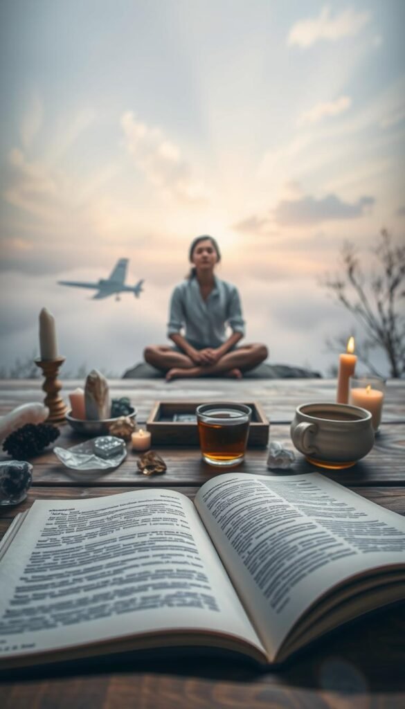 A tranquil, dreamlike scene depicting techniques for dream interpretation. In the foreground, an open journal lies on a wooden table, surrounded by crystals, candles, and a cup of herbal tea, hinting at a ritual-like process. In the middle ground, a person sits cross-legged, eyes closed, as they ponder the meanings of their dreams. In the background, a faint, ethereal landscape unfolds, with wispy clouds and soft lighting, evoking a sense of the subconscious and the spiritual. The overall mood is one of introspection, intuition, and the exploration of the inner world. Soft, muted colors and a sense of balance and harmony create a visually captivating and contemplative image. A tranquil, dreamlike scene depicting techniques for dream interpretation. In the foreground, an open journal lies on a wooden table, surrounded by crystals, candles, and a cup of herbal tea, hinting at a ritual-like process. In the middle ground, a person sits cross-legged, eyes closed, as they ponder the meanings of their dreams. In the background, a faint, ethereal landscape unfolds, with wispy clouds and soft lighting, evoking a sense of the subconscious and the spiritual. The overall mood is one of introspection, intuition, and the exploration of the inner world. Soft, muted colors and a sense of balance and harmony create a visually captivating and contemplative image.