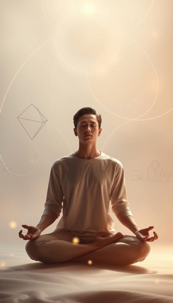 A tranquil, dreamlike setting with a glowing, ethereal quality. In the foreground, a person sits in a meditative pose, their expression serene and contemplative. Surrounding them, abstract geometric shapes and swirling energy lines create a sense of spiritual resonance. The middle ground features subtle, translucent representations of professional accomplishments, such as a diploma, briefcase, or trophy, hinting at the subject's success. The background is a soft, muted gradient, with hints of warm, celestial hues that evoke a sense of enlightenment and inner growth. Soft, diffused lighting casts a warm, ambient glow, creating an atmosphere of introspection and self-discovery. A tranquil, dreamlike setting with a glowing, ethereal quality. In the foreground, a person sits in a meditative pose, their expression serene and contemplative. Surrounding them, abstract geometric shapes and swirling energy lines create a sense of spiritual resonance. The middle ground features subtle, translucent representations of professional accomplishments, such as a diploma, briefcase, or trophy, hinting at the subject's success. The background is a soft, muted gradient, with hints of warm, celestial hues that evoke a sense of enlightenment and inner growth. Soft, diffused lighting casts a warm, ambient glow, creating an atmosphere of introspection and self-discovery.
