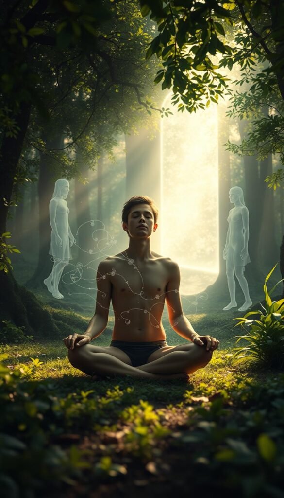 A tranquil forest glade illuminated by soft, ethereal light. In the foreground, a person sits cross-legged, eyes closed, as wispy tendrils of energy emanate from their body. Surrounding them, hazy, translucent figures representing relationship dreams drift and sway, their forms blending seamlessly with the lush, verdant foliage. In the background, a shimmering portal opens, revealing glimpses of the waking world beyond. The scene exudes a sense of introspection, connection, and the profound impact of the subconscious on our conscious lives. A tranquil forest glade illuminated by soft, ethereal light. In the foreground, a person sits cross-legged, eyes closed, as wispy tendrils of energy emanate from their body. Surrounding them, hazy, translucent figures representing relationship dreams drift and sway, their forms blending seamlessly with the lush, verdant foliage. In the background, a shimmering portal opens, revealing glimpses of the waking world beyond. The scene exudes a sense of introspection, connection, and the profound impact of the subconscious on our conscious lives.