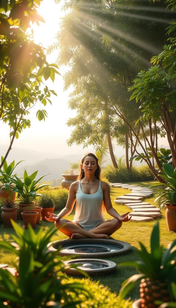 A tranquil garden oasis, where sunlight filters through lush foliage, casting a warm glow on a serene meditation space. In the foreground, a person sits cross-legged, eyes closed, their expression serene as they practice mindful breathing. Surrounding them, potted plants and a soothing water feature create a peaceful ambiance. The middle ground features natural stone pathways winding through the verdant landscape, inviting exploration and reflection. In the background, a distant horizon blends soft pastel hues, evoking a sense of balance and harmony. The entire scene is imbued with a spiritual, calming energy, capturing the essence of mindful stress management. A tranquil garden oasis, where sunlight filters through lush foliage, casting a warm glow on a serene meditation space. In the foreground, a person sits cross-legged, eyes closed, their expression serene as they practice mindful breathing. Surrounding them, potted plants and a soothing water feature create a peaceful ambiance. The middle ground features natural stone pathways winding through the verdant landscape, inviting exploration and reflection. In the background, a distant horizon blends soft pastel hues, evoking a sense of balance and harmony. The entire scene is imbued with a spiritual, calming energy, capturing the essence of mindful stress management.