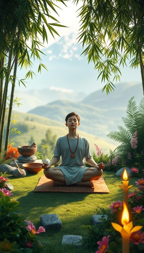 A tranquil garden scene filled with mindfulness techniques. In the foreground, a person sits cross-legged on a meditation cushion, eyes closed in deep contemplation. Surrounding them, an array of symbolic elements - a Tibetan singing bowl, a Zen rock garden, a mala bead necklace, and a burning incense stick. The middle ground showcases lush, verdant foliage - bamboo, ferns, and flowering plants. In the background, a serene, blurred landscape with rolling hills and a distant, snow-capped mountain range. The lighting is soft and diffused, creating a peaceful, spiritual atmosphere. The image is rendered in a vibrant, spiritual style with a focus on textures, colors, and intricate details. A tranquil garden scene filled with mindfulness techniques. In the foreground, a person sits cross-legged on a meditation cushion, eyes closed in deep contemplation. Surrounding them, an array of symbolic elements - a Tibetan singing bowl, a Zen rock garden, a mala bead necklace, and a burning incense stick. The middle ground showcases lush, verdant foliage - bamboo, ferns, and flowering plants. In the background, a serene, blurred landscape with rolling hills and a distant, snow-capped mountain range. The lighting is soft and diffused, creating a peaceful, spiritual atmosphere. The image is rendered in a vibrant, spiritual style with a focus on textures, colors, and intricate details.