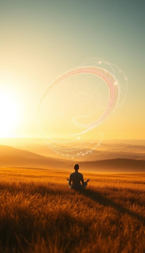 A tranquil landscape bathed in warm, golden light. In the foreground, a serene figure sits in a meditative pose, their silhouette casting a long shadow. Gently swirling energy currents emanate from the figure, weaving a tapestry of vibrant colors and shapes that dance across the middle ground. In the background, a dreamlike horizon line blends seamlessly with the sky, hinting at the boundless potential of the universe. The scene exudes a sense of inner harmony and intuitive connection with the flow of energy, inviting the viewer to quiet the mind and surrender to the mysteries of the spiritual realm. A tranquil landscape bathed in warm, golden light. In the foreground, a serene figure sits in a meditative pose, their silhouette casting a long shadow. Gently swirling energy currents emanate from the figure, weaving a tapestry of vibrant colors and shapes that dance across the middle ground. In the background, a dreamlike horizon line blends seamlessly with the sky, hinting at the boundless potential of the universe. The scene exudes a sense of inner harmony and intuitive connection with the flow of energy, inviting the viewer to quiet the mind and surrender to the mysteries of the spiritual realm.