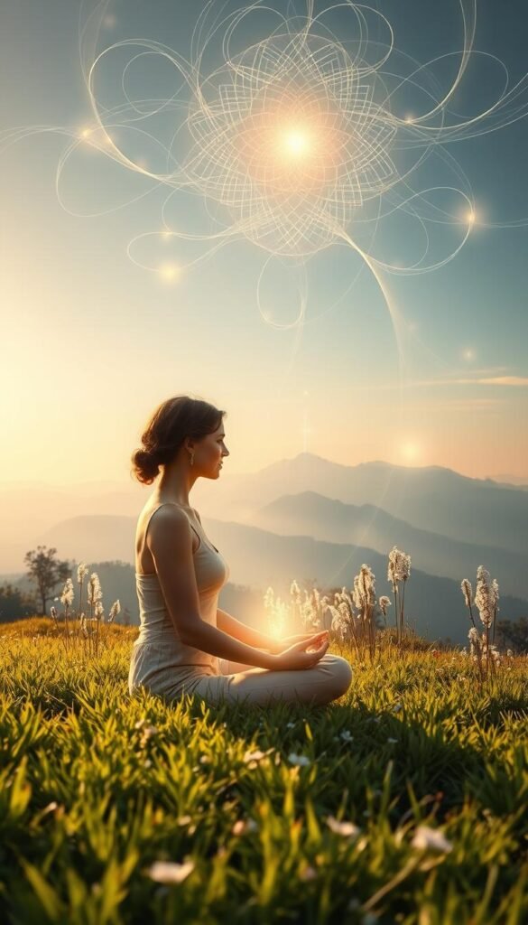 A tranquil meadow bathed in soft, golden light. In the foreground, a person sits cross-legged, their body emanating a subtle aura of serenity. Delicate energy lines ripple outward, connecting them to the lush, verdant landscape. In the middle ground, clusters of crystalline structures glimmer, infusing the scene with a sense of mystical, healing power. The background features a distant, mountainous horizon, its peaks capped with shimmering, translucent energy. Exquisite, intricate patterns weave through the sky, creating a captivating, ethereal atmosphere. A tranquil meadow bathed in soft, golden light. In the foreground, a person sits cross-legged, their body emanating a subtle aura of serenity. Delicate energy lines ripple outward, connecting them to the lush, verdant landscape. In the middle ground, clusters of crystalline structures glimmer, infusing the scene with a sense of mystical, healing power. The background features a distant, mountainous horizon, its peaks capped with shimmering, translucent energy. Exquisite, intricate patterns weave through the sky, creating a captivating, ethereal atmosphere.