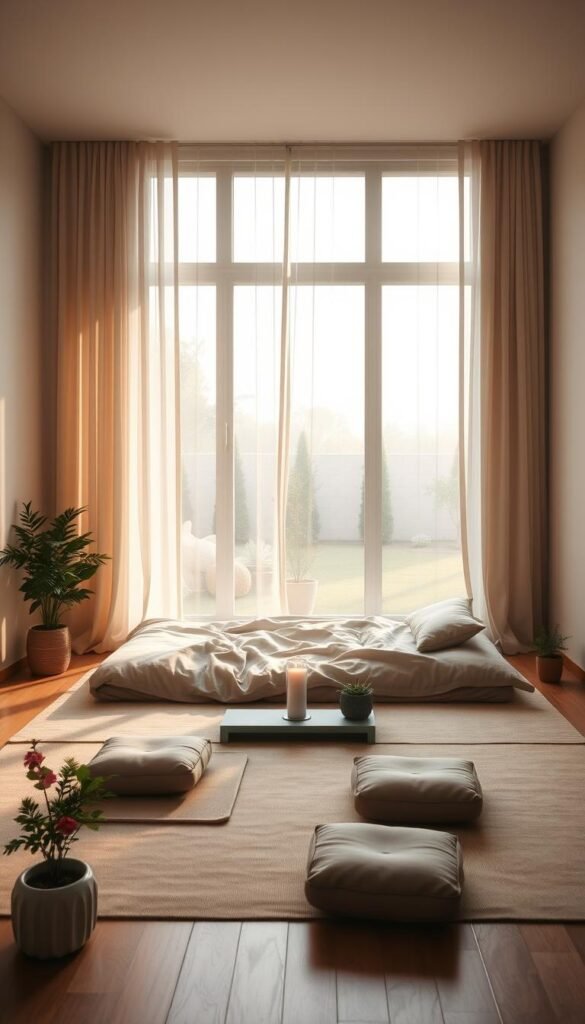 A tranquil, minimalist bedroom with natural light filtering through sheer curtains. A low bed with soft, earthy bedding invites rest. Meditation cushions sit on the floor, surrounded by potted plants and a small table holding a candle. Muted colors in calming tones of beige, sage green, and dusty rose create a serene ambiance. A large window overlooks a peaceful garden, blurring the boundaries between indoors and out. Soft, diffused lighting casts a warm glow, evoking a sense of comfort and relaxation. The overall composition conveys a mindful, restorative sleep environment. A tranquil, minimalist bedroom with natural light filtering through sheer curtains. A low bed with soft, earthy bedding invites rest. Meditation cushions sit on the floor, surrounded by potted plants and a small table holding a candle. Muted colors in calming tones of beige, sage green, and dusty rose create a serene ambiance. A large window overlooks a peaceful garden, blurring the boundaries between indoors and out. Soft, diffused lighting casts a warm glow, evoking a sense of comfort and relaxation. The overall composition conveys a mindful, restorative sleep environment.