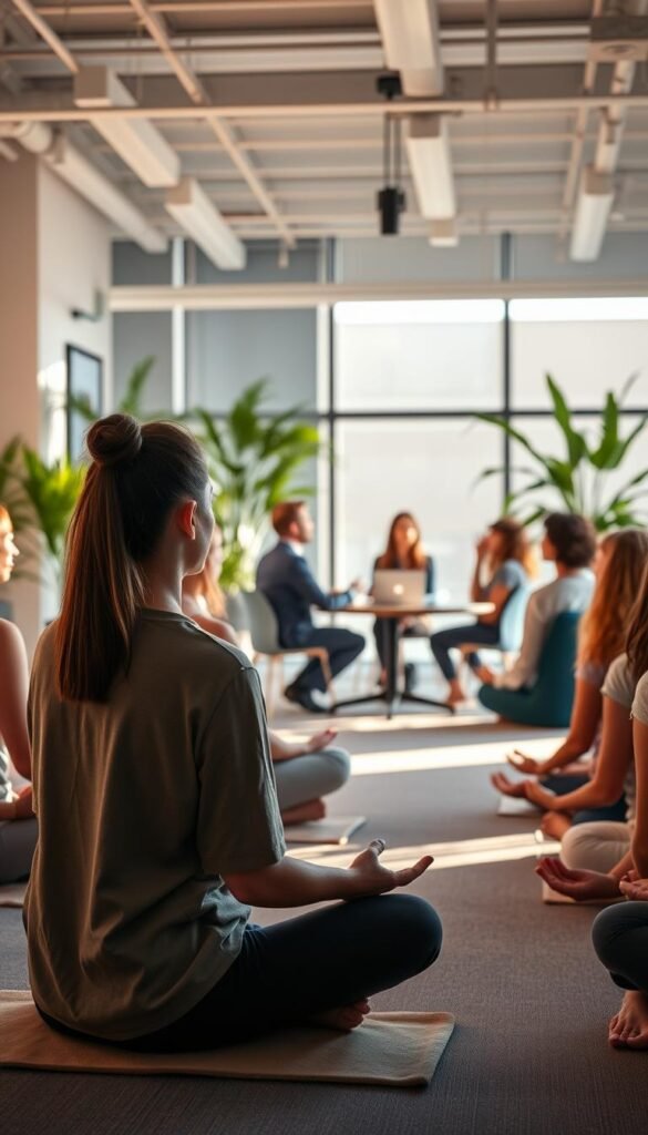A tranquil office space filled with employees engaged in mindfulness practices. In the foreground, a group sits cross-legged, eyes closed, palms resting on their laps, bathed in warm, natural light. In the middle ground, colleagues gather around a table, breathing deeply and listening intently to a mindfulness instructor. The background reveals a modern, minimalist workspace with potted plants, soft blues, and muted tones, creating a serene, contemplative atmosphere. The overall scene conveys a sense of focus, calm, and well-being, reflecting the importance of integrating mindfulness programs into the corporate environment. A tranquil office space filled with employees engaged in mindfulness practices. In the foreground, a group sits cross-legged, eyes closed, palms resting on their laps, bathed in warm, natural light. In the middle ground, colleagues gather around a table, breathing deeply and listening intently to a mindfulness instructor. The background reveals a modern, minimalist workspace with potted plants, soft blues, and muted tones, creating a serene, contemplative atmosphere. The overall scene conveys a sense of focus, calm, and well-being, reflecting the importance of integrating mindfulness programs into the corporate environment.