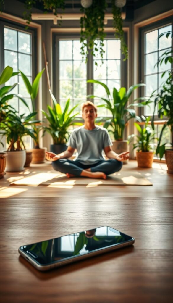 A tranquil office workspace with a meditating person sitting on the floor, surrounded by lush indoor plants and natural light filtering through large windows. The person's eyes are closed, conveying a sense of mindfulness and digital detox. In the foreground, a smartphone and tablet devices are neatly arranged on a wooden desk, hinting at the need to manage social media use. The overall atmosphere is serene, calming, and inspires a more balanced digital lifestyle. A tranquil office workspace with a meditating person sitting on the floor, surrounded by lush indoor plants and natural light filtering through large windows. The person's eyes are closed, conveying a sense of mindfulness and digital detox. In the foreground, a smartphone and tablet devices are neatly arranged on a wooden desk, hinting at the need to manage social media use. The overall atmosphere is serene, calming, and inspires a more balanced digital lifestyle.