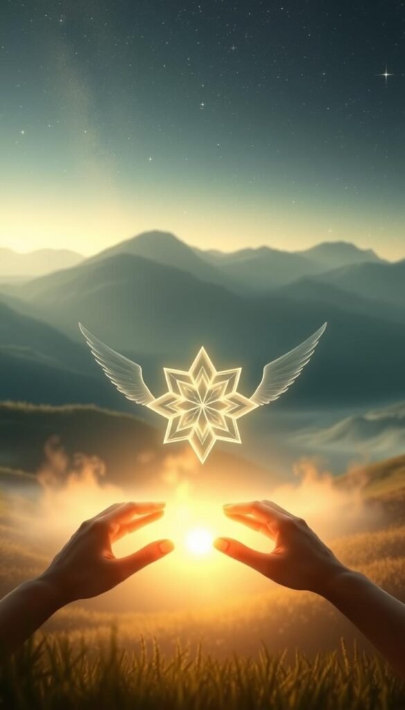 A tranquil scene of a serene landscape, illuminated by the soft glow of ethereal light. In the foreground, a pair of angelic hands delicately trace the outline of a glowing, geometric pattern, its intricate design seemingly emerging from the ether. The middle ground features a hazy, dreamlike atmosphere, with swirling wisps of energy and subtle, celestial hues. In the background, a vast, starry sky stretches out, hinting at the infinite, mystical connections that lie beyond the veil of the physical world. The overall mood is one of contemplation, wonder, and a deep sense of spiritual significance.